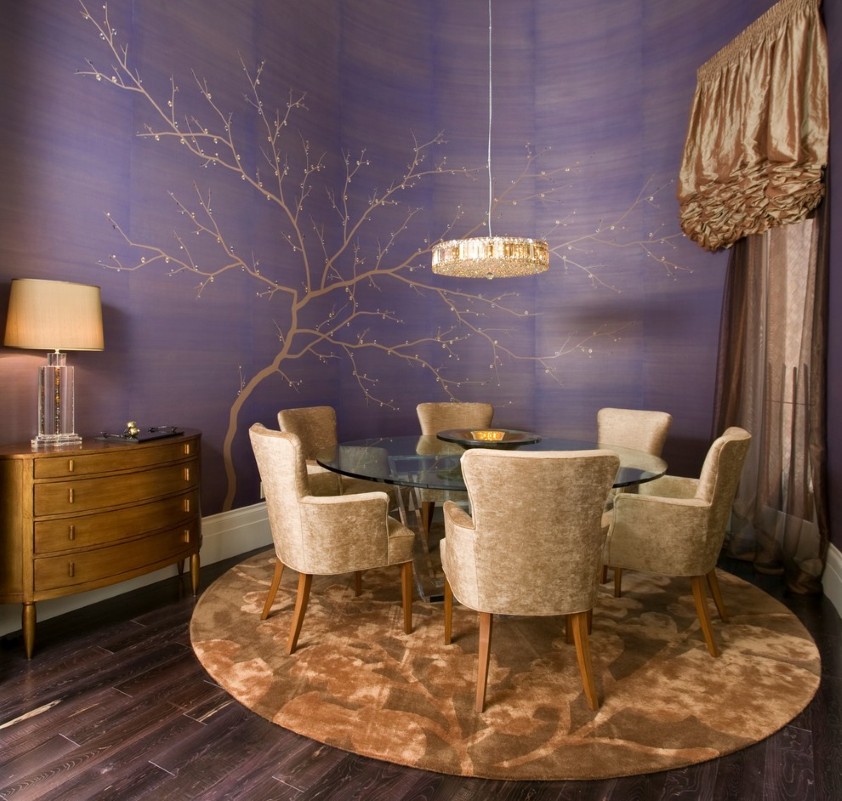 Tree Wall Round Exquisite Tree Wall Mural And Round Area Rug Design Feat Unique Drum Shade Chandelier Plus Upholstered Dining Chairs Idea Furniture  Extraordinarily Room Use Drum Shade Chandelier 