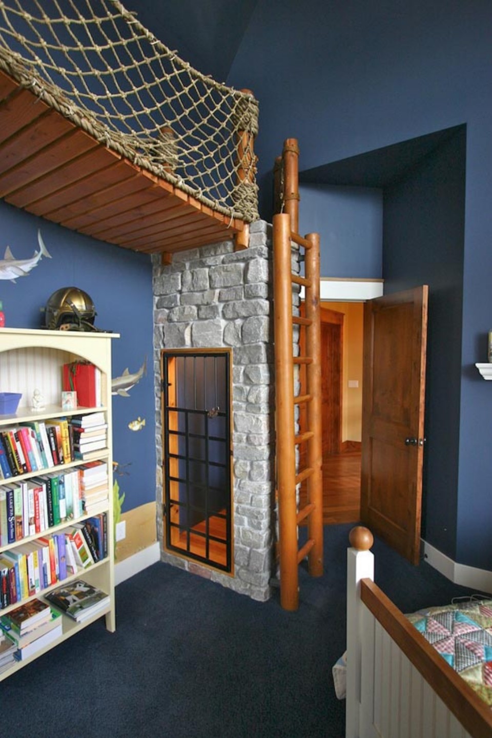 Kids Room Small Extraordinary Kids Room Furniture For Small Spaces Design Ideas With Astounding Dark Blue Wall Paint Color And Cool Wood Loft Bridge Design Also Natural White Stone Accent And White Bookcase Idea Furniture Composing The Special Type Of Kids Room Furniture