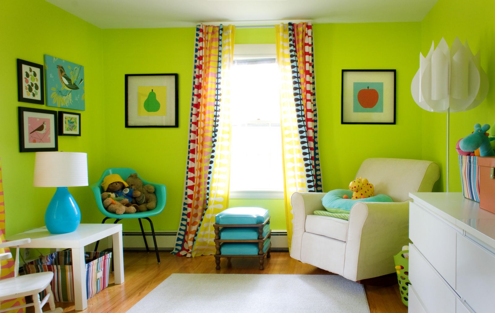 Light Green Of Extraordinary Light Green Wall Color Of Kids Room Paint Ideas Completed With White Chair And Blue Ottoman Also Furnished With White Rug And Table Lamp On Table Kids Room Colorful And Pattern Kids Room Paint Ideas