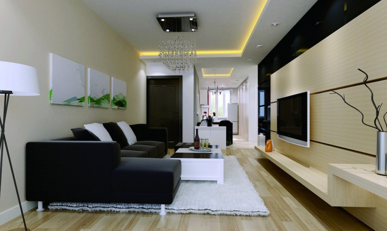 Minimalist Living With Extraordinary Minimalist Living Room Decor With Black Sofa Bed And White Table On Density Rug Furnished With Pendant Reflection Lighting And Completed With Wall Television Living Room Beautifying Living Room Decor Through The Right Room Spots