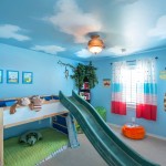 Sky Ceiling Matched Extraordinary Sky Ceiling Paint Design Matched With Blue Wall Color Of Kids Bedroom Combined With Sliding Kids Room Curtains And Completed With Twin Bunk Bed Decoration The Better Appearance Through The Kids Room Curtains