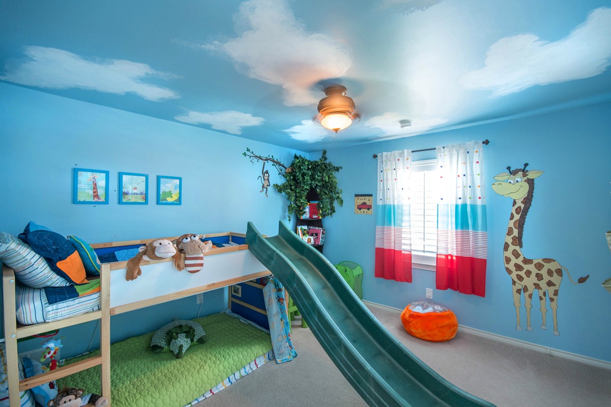 Sky Ceiling Matched Extraordinary Sky Ceiling Paint Design Matched With Blue Wall Color Of Kids Bedroom Combined With Sliding Kids Room Curtains And Completed With Twin Bunk Bed The Better Appearance Through The Kids Room Curtains