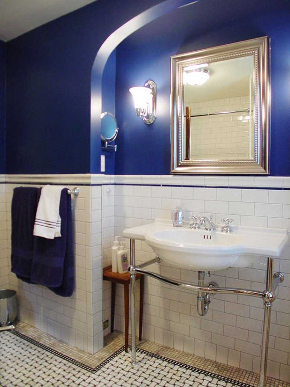 White And Bathroom Extraordinary White And Blue Themed Bathroom Design Ideas With Modern Towel Hanger Design And Classy Wall Lamps Idea Also Interesting Vessel Sink Design Plus Elegance Ceramic Bathroom Floor Idea The New Contemporary Bathroom Design Ideas