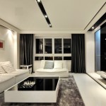 Minimalist Living Black Fabulous Minimalist Living Room Applying Black And White Interior With Living Room Curtains Furnished With Sofa And Loveseat Completed With Soft Rug And Table Living Room Awesome Living Room Curtains Designs