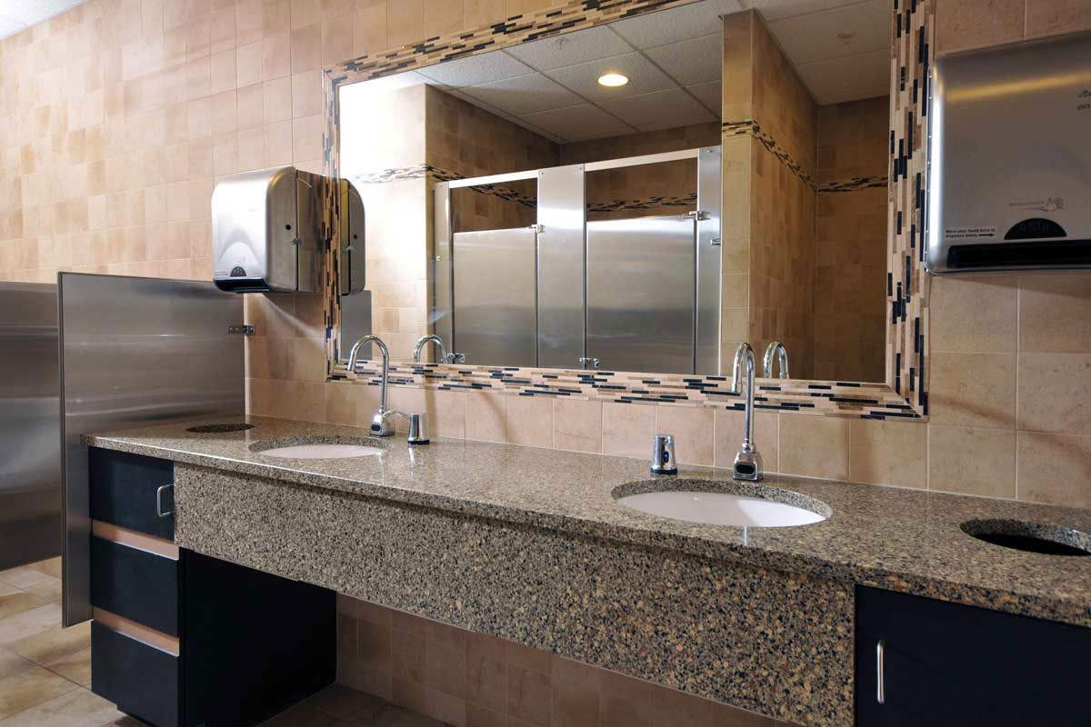Modern Bathroom Vanity Fabulous Modern Bathroom With Elongated Vanity Double Sink Coupled By Single Large Mirror Completed With Bathroom Fixtures And Furnished With Divider Room In Silver Color Bathroom Decorating Bathroom With Bathroom Fixtures