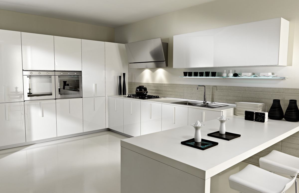 Modern White With Fabulous Modern White Kitchen Design With Contemporary Kitchen Cabinets Furnished With Double Basin Sink Completed With Black Range And Silver Ovens Kitchen 15 Contemporary Kitchen Cabinets For Tiny Kitchen Sets