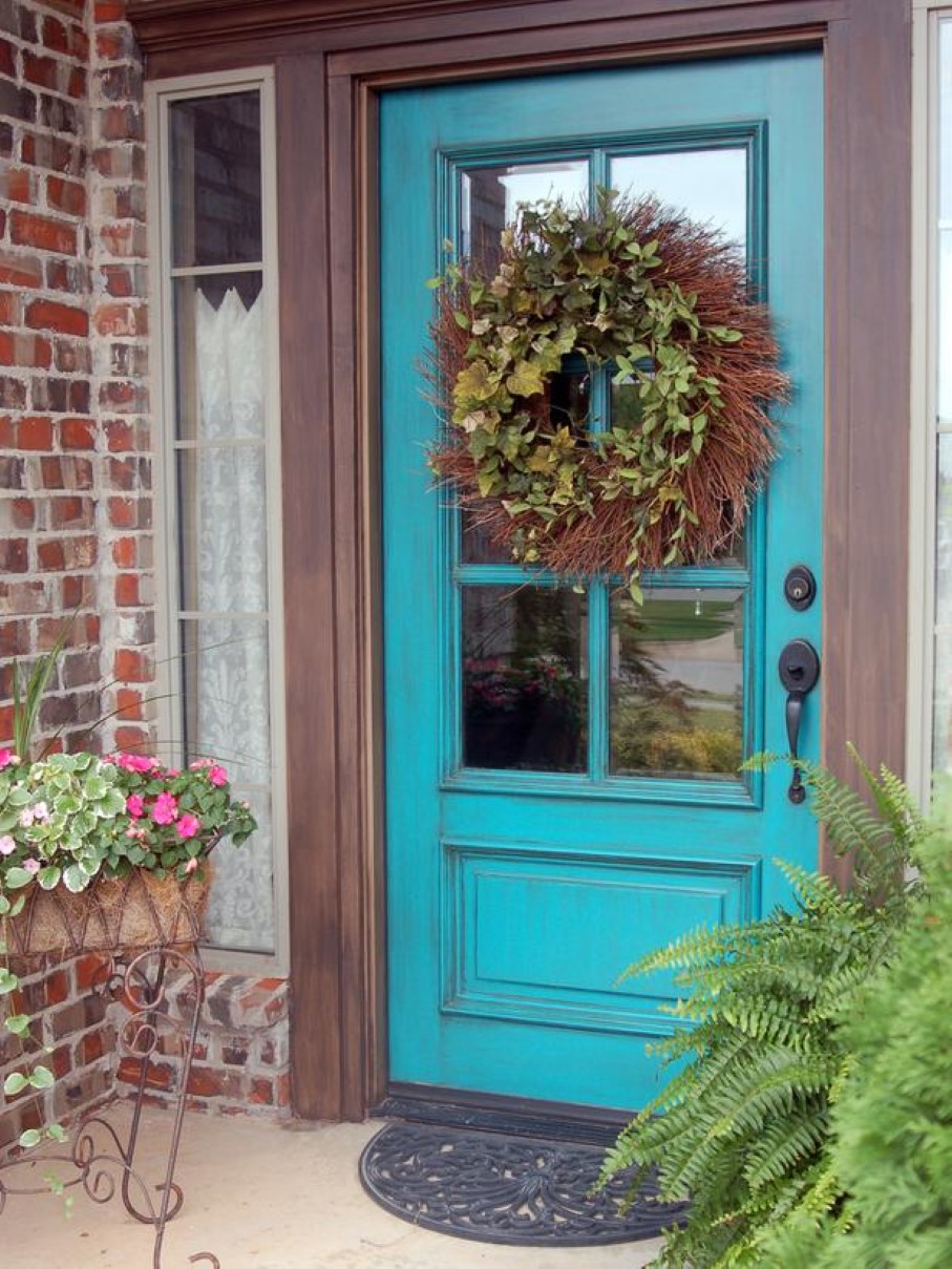 Blue French Color Fancy Blue French Front Door Color With Wreath Decoration Plus Exposed Brick Wall Accent Decoration  Colorful Front Door Colors 