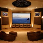 Living Room Ideas Fancy Living Room Theater Decorating Ideas With Cozy Brown Leather Sofa Cushion Design And Modern Wall Lights Interior Decor Also Outstanding Wide Theater Screen LCD TV Idea Living Room 20 Stylish Living Room Theater For The Beautiful Media Rooms