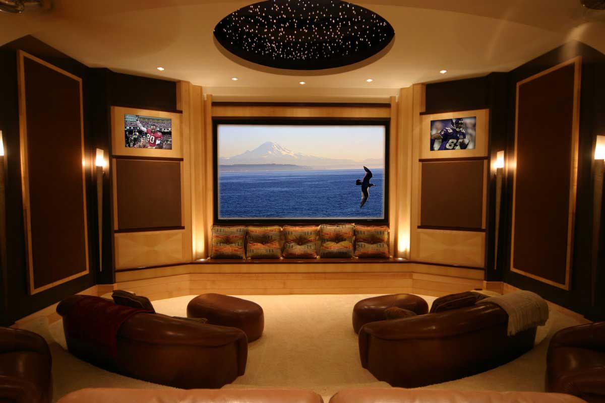 Living Room Ideas Fancy Living Room Theater Decorating Ideas With Cozy Brown Leather Sofa Cushion Design And Modern Wall Lights Interior Decor Also Outstanding Wide Theater Screen LCD TV Idea Living Room 20 Stylish Living Room Theater For The Beautiful Media Rooms