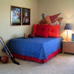 Bed Applying Blue Fascinating Bed Applying Red And Blue Color In Boys Bedroom Ideas Furnished With Night Lamp On Nightstand Drawers And Completed With Wall Picture Frame Decorations Bedroom Boys Bedroom Ideas: The Important Aspects