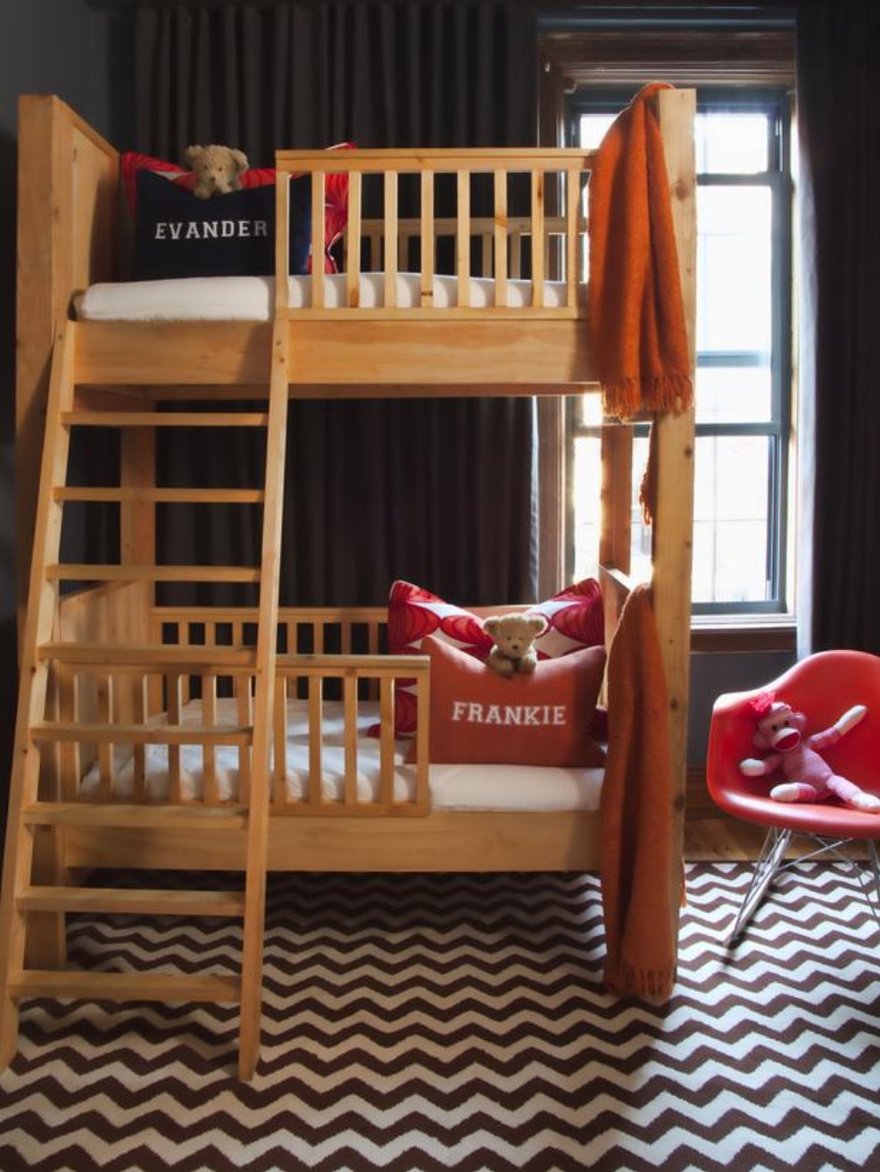 Kids Room 2 Fascinating Kids Room Furniture For 2 Boys Design Ideas With Rustic Wooden Bunk Beds Design And Modern Molded Plastic Chairs Idea Also Classic Black Window Curtains Plus Cute Teddy Bear Doll Furniture Composing The Special Type Of Kids Room Furniture