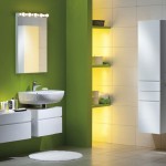 Lime Green Accent Fascinating Lime Green And White Accent Wall Color With Wall Vanity Vessel Sink Coupled By Mirror Completed With Bath Fixtures And Furnished With Bathroom Storage Ideas Bathroom Bathroom Storage Ideas For Your Comfortable Bathroom