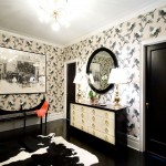 Wallpaper And Lamps Fascinating Wallpaper And Twin Table Lamps On Console Under Mirror Between Black Interior Doors Interior Design Awesome Black Interior Doors Completing Elegant Room Design
