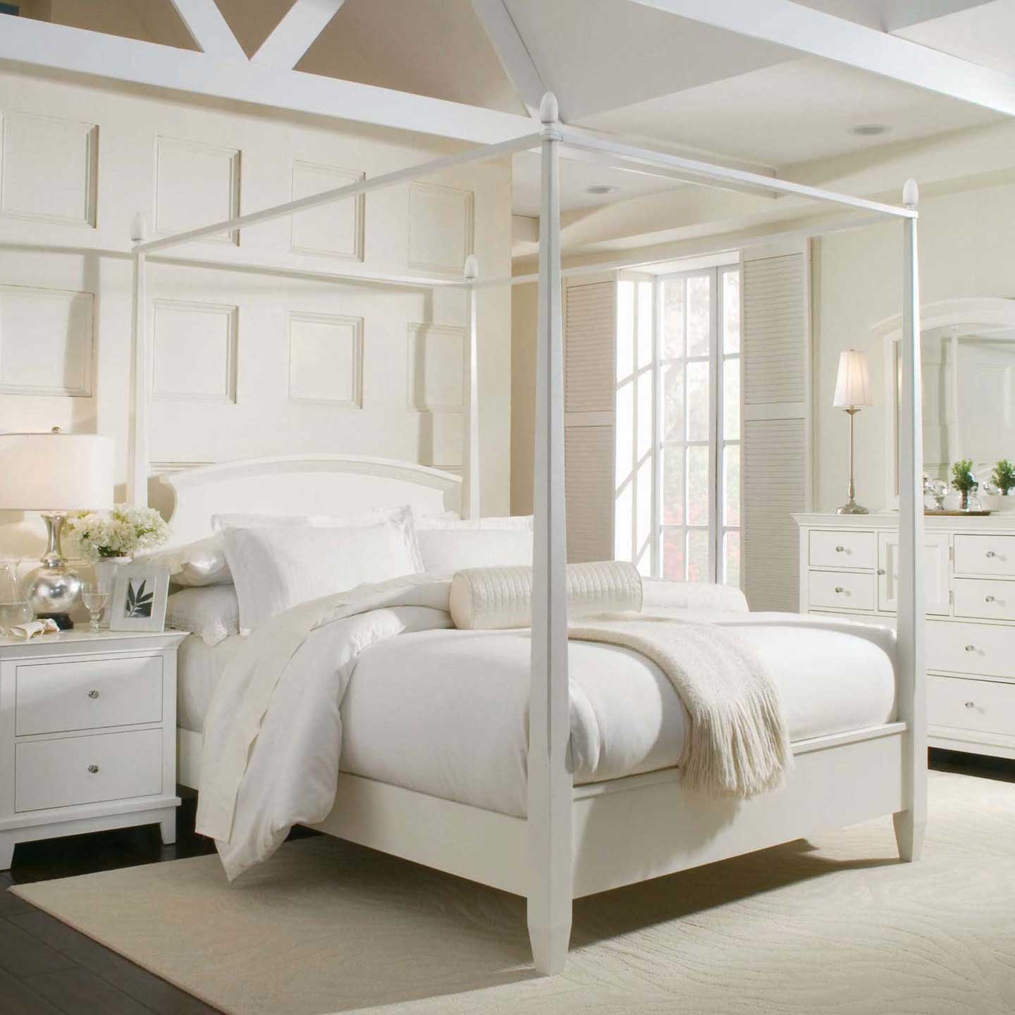 White Master With Fascinating White Master Bedroom Ideas With Canopy Bed For Small Home Designs And Adorable White Spread Bed Idea Also Unique White Colored Headboard Plus Interesting Sleep Lamp Design Bedroom Master Bedroom Ideas: Considering The Aspects