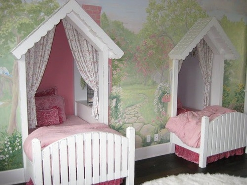 Girls Bedroom Bedroom Fashionable Twin Girls Bedroom For Twin Bedroom Ideas With Built In Beds Designed Like A House Pink Bed Sheets And Wooden Floor Bedroom Trendy Twin Bedroom Ideas With Soft Hues And Modern Arrangement