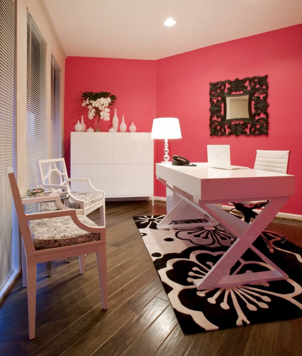 Pink Wall Modern Feminine Pink Wall Mixed With Modern Mid Century Home Office Furniture And Grey Venetian Blinds Office Some Tips For Creating Relax And Comfortable Office Or Work Space At Your Home