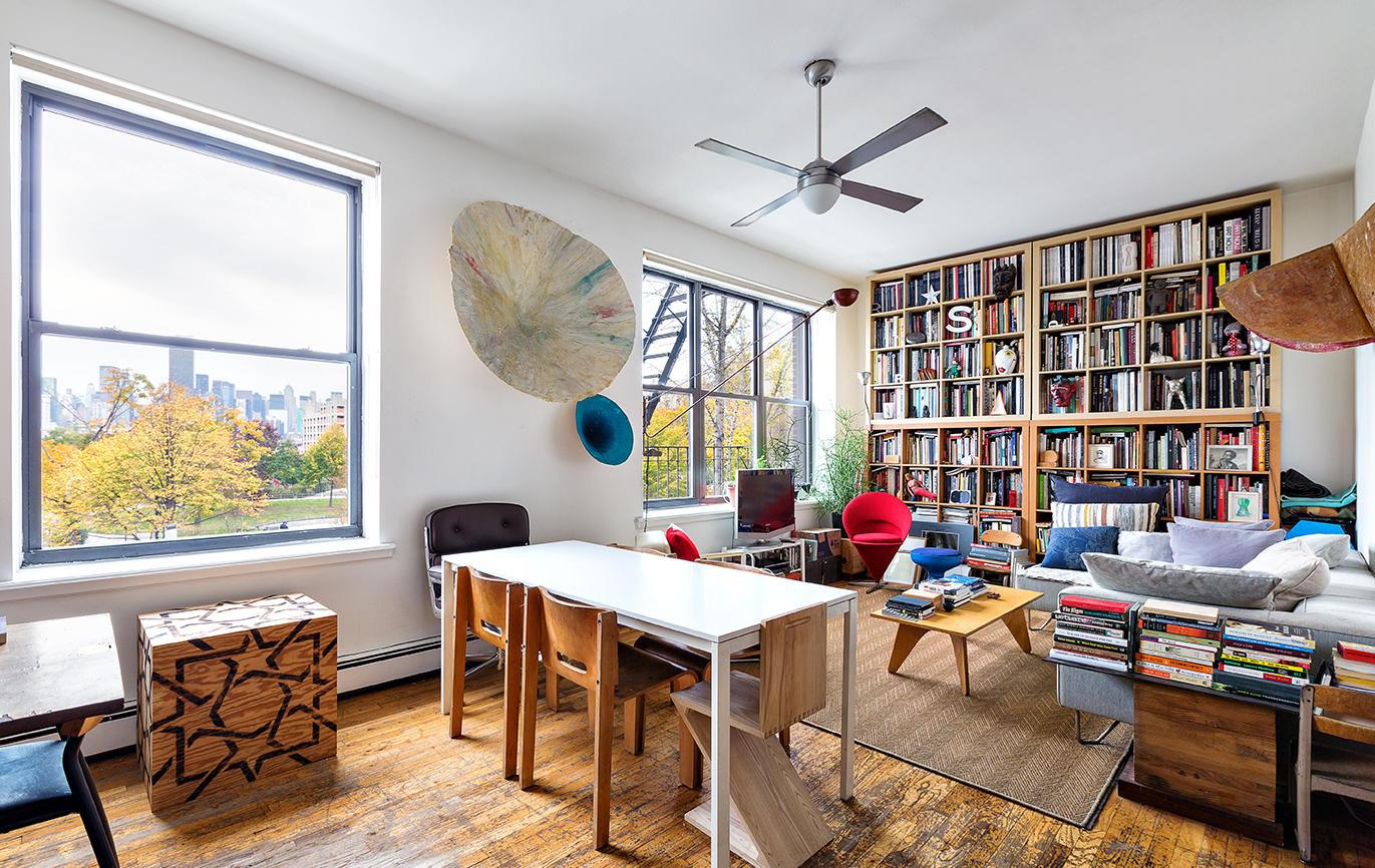 To Ceiling Also Floor To Ceiling Bookcase Idea Also Funky Furniture Set Design In Contemporary Long Island City Apartment Plus Hardwood Floor Apartment Compact Long Island City Apartment Interior Design In Open Plan Layout