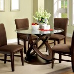 Round Table With Funky Round Table Leg Design With Glass Top Feat Contemporary Brown Upholstered Dining Chairs Plus Rectangular Area Rug Idea Dining Room  Beautiful Upholstered Chairs To Renew Dining Room Atmosphere 