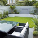 View For Design Garden View For Small Garden Design Ideas With White Cushioned Chairs Table With Glass Top And Green Grassed Backyard Garden Inspiring Small Garden Design With Modern Furniture