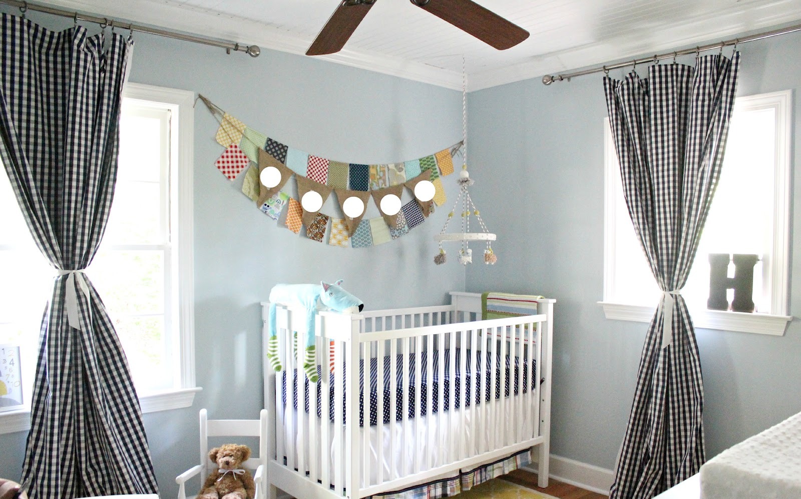 Pattern Curtain White Gingham Pattern Curtain And Cool White Crib Design Also Sophisticated Baby Boy Nursery Idea With Colorful Garland Decor Kids Room Awesome Baby Boy Nursery Room Ideas