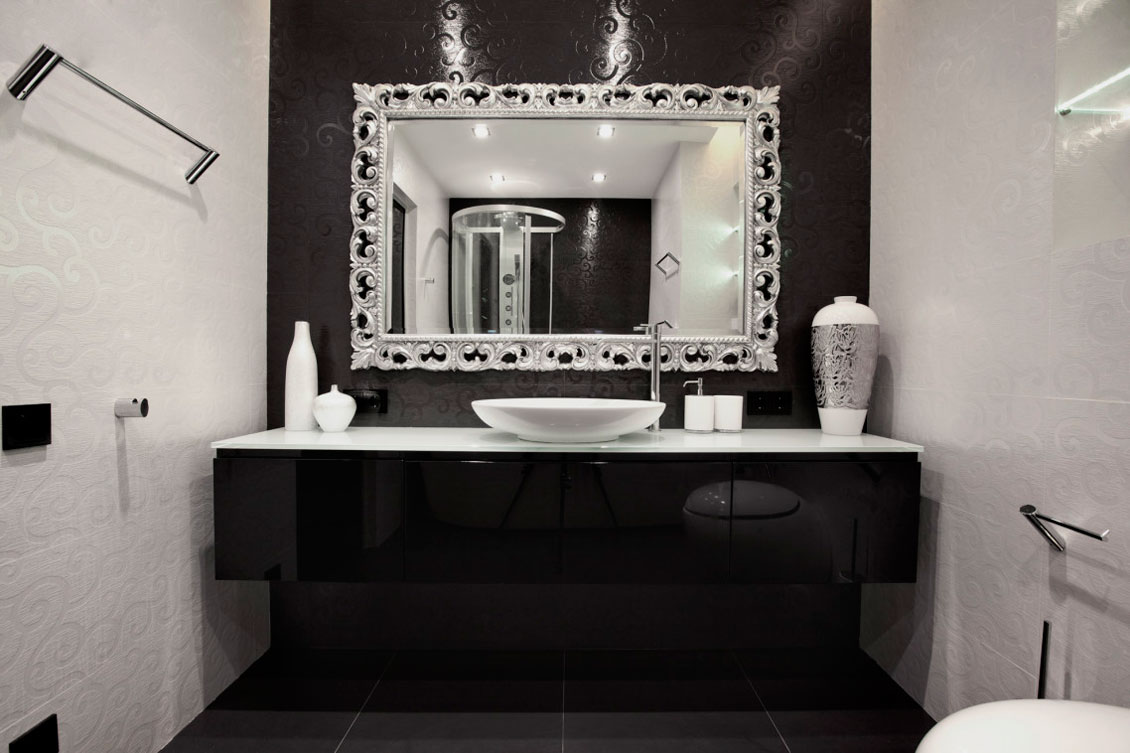 Black And Room Glamorous Black And White Color Room Ideas In Modern Bathroom Installed With Bathroom Vanity Cabinets And Bowl Sink Coupled By Mirror And Tiny Jar Decoration Bathroom 15 Bathroom Vanity Cabinets For Your Captivating Home