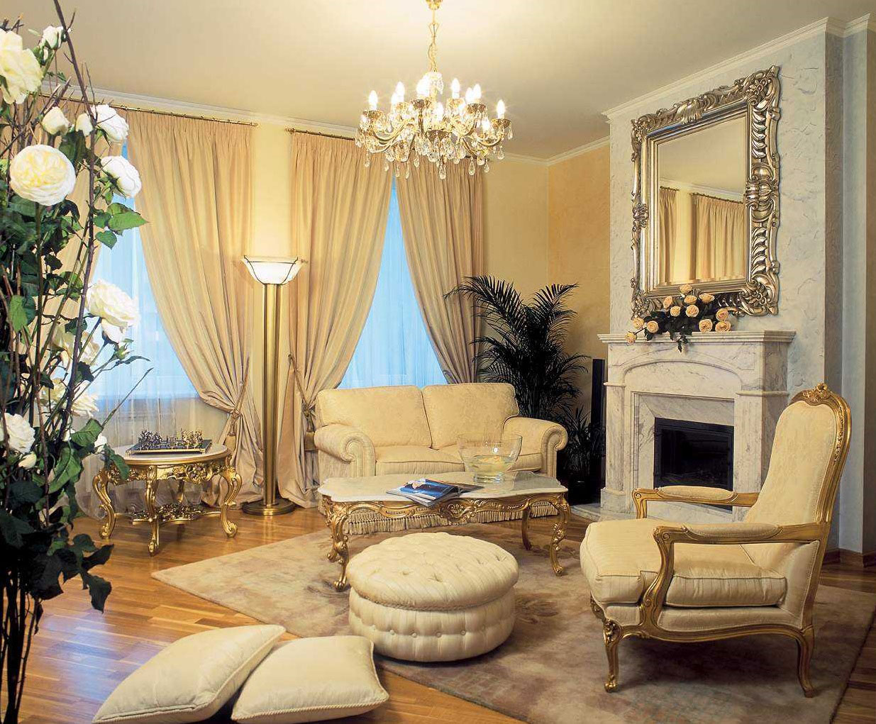 Living Room With Glamorous Living Room Decor Ideas With Crystal Chandelier Lighting Furnished With White Sofa And Chair Plus White Table And Round Ottoman On Thick Rug Living Room The Best Living Room Decor Ideas That You Can Fix By Yourself