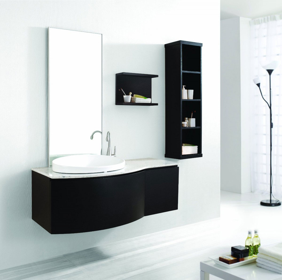 Modern Bathroom Color Glamorous Modern Bathroom Applying White Color Room And Black Furniture Completed With Bathroom Storage Ideas And Furnished With Wall Vessel Sink Coupled By Mirror Bathroom Bathroom Storage Ideas For Your Comfortable Bathroom