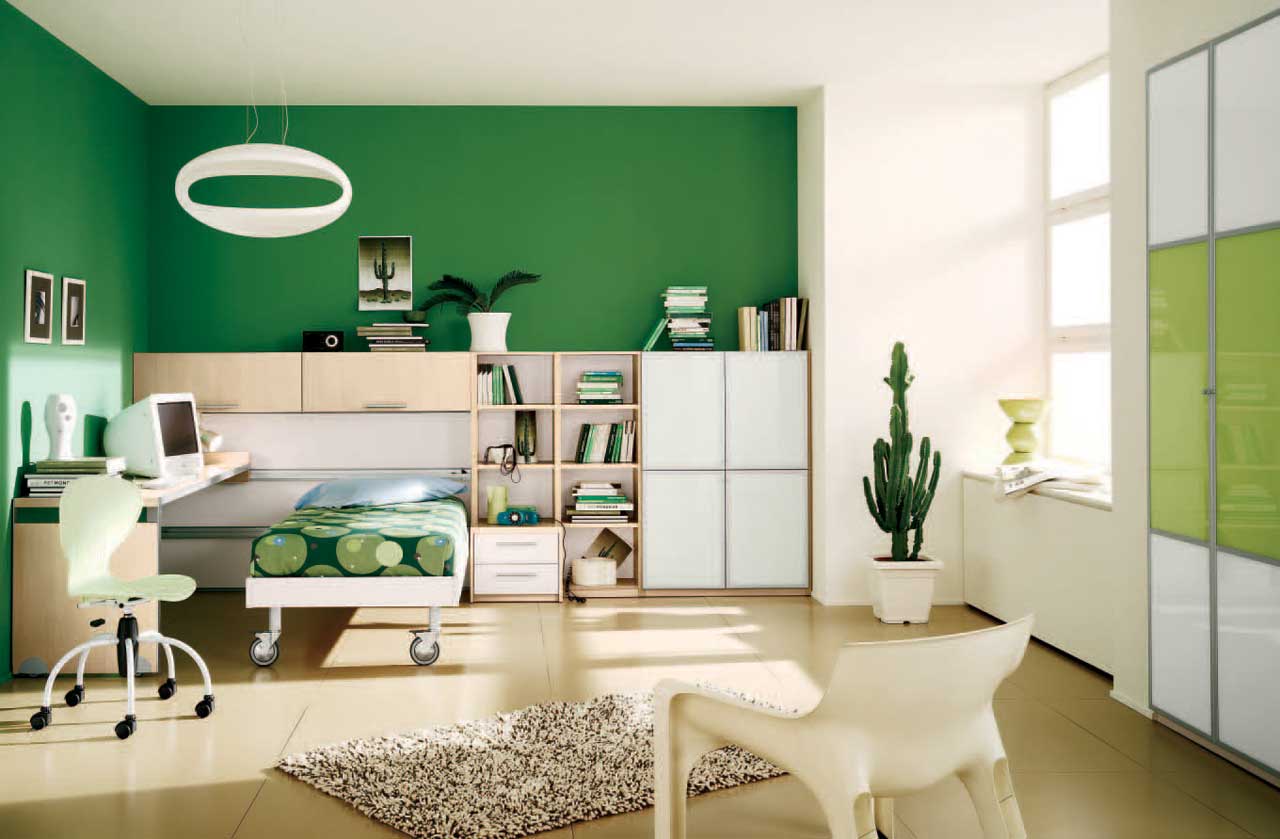 Modern Kids And Glamorous Modern Kids Furniture Decorating And Colorful Wall Green Models Kids Bedroom Also Modern Desk And Chairs Kids Furniture Sets With Spacious Bookcase Modern Design Kids Furniture Bedroom Kids Bedroom Sets: Combining The Color Ideas