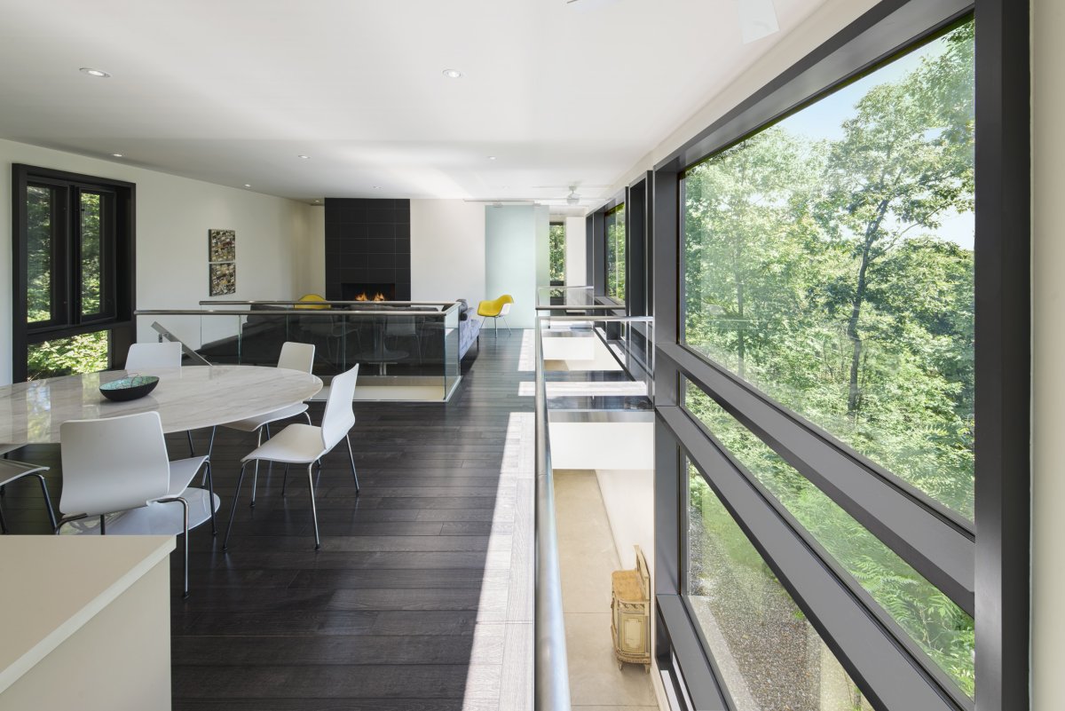 Window Small Modern Glass Window Small Dining Room Modern Hill House Design With White Marble Round Dining Table And 6 Chairs Plus Dark Hardwood Floor Tiles And Black White Interior Color Decorating Ideas Architecture Stylish Contemporary Home With A Concrete Brick Facade
