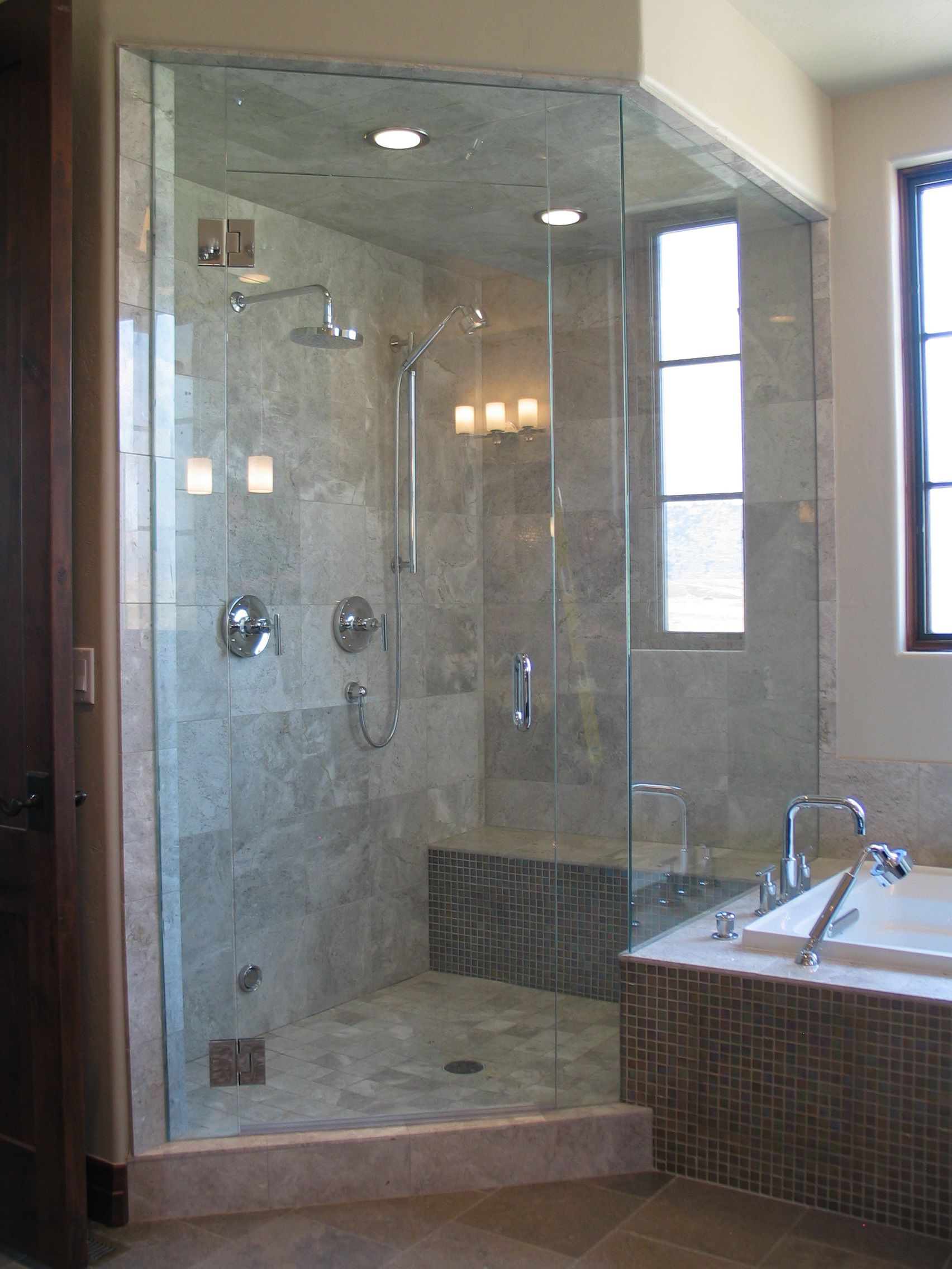 Frameless Shower Two Glossy Frame Less Shower Doors With Two Lamps In Modern House Bathroom Icon Bathroom Frameless Shower Doors And Pros-Cons You Must Know