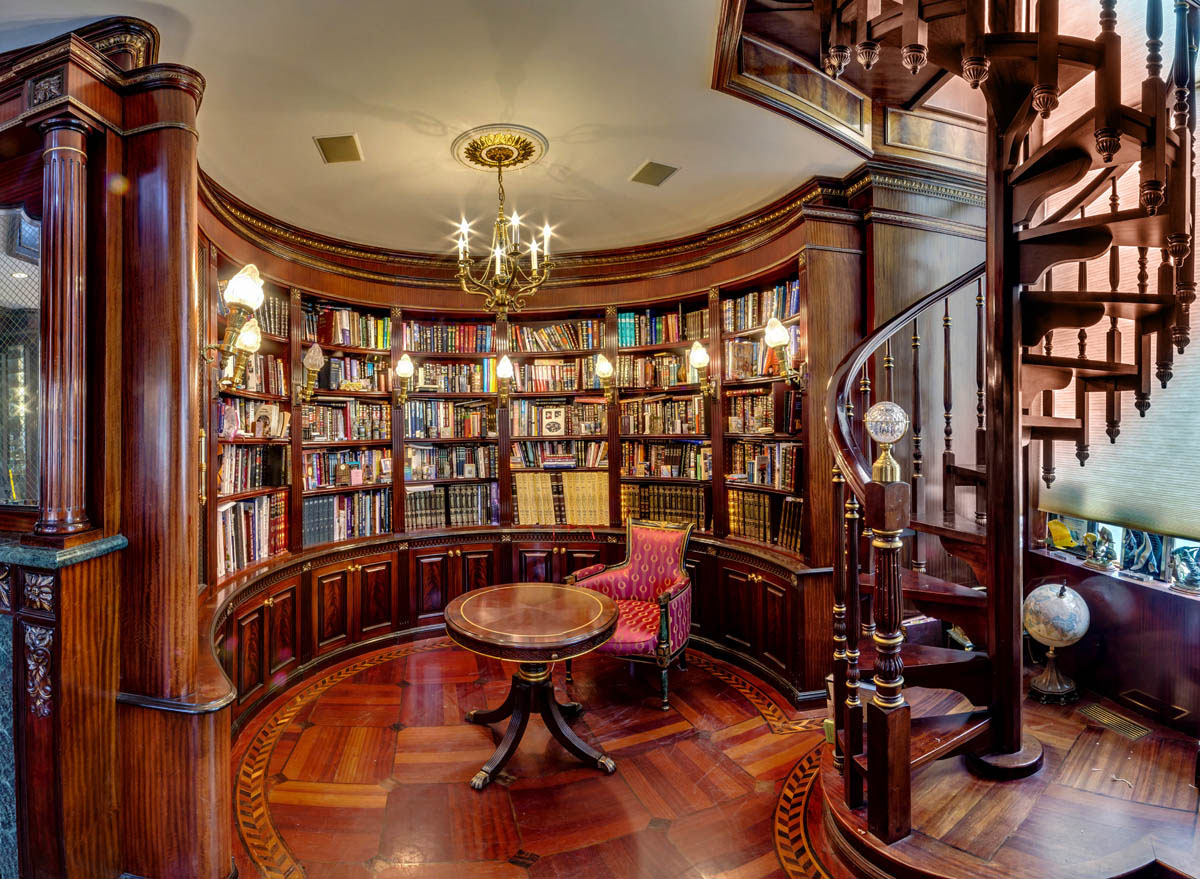 Chandelier Feats Chair Gold Chandelier Feats Comfortable Reading Chair Also Spiral Staircase And Luxurious Library Architecture Design Architecture Fetching Home Library For Private Collection