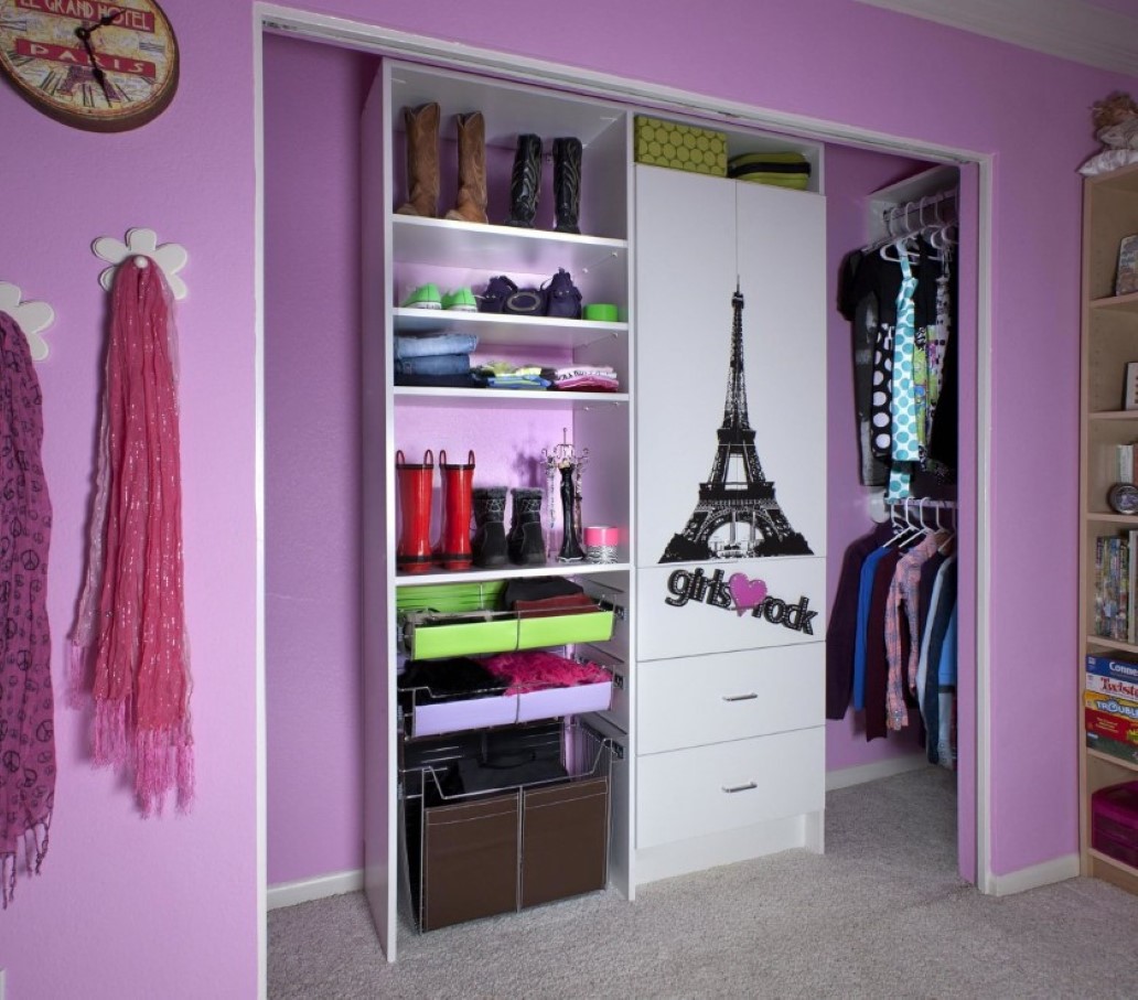Purple Wall Compact Gorgeous Purple Wall Decorating Feat Compact Closet Organizing With Pull Out Hamper And White Cabinet With Eiffel Painting Door Closet  Excellent Ideas To Organize Closet 
