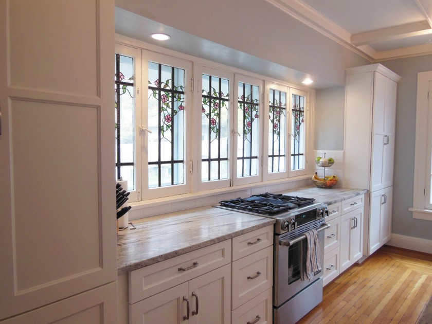 Stained Glass Plus Gorgeous Stained Glass Bay Window Plus Light Wood Floor For Kitchen Idea And Compact White Mid Continent Cabinets Kitchen  Bringing Catchy Kitchen Style Through The Simplicity Of Mid Continent Cabinets 