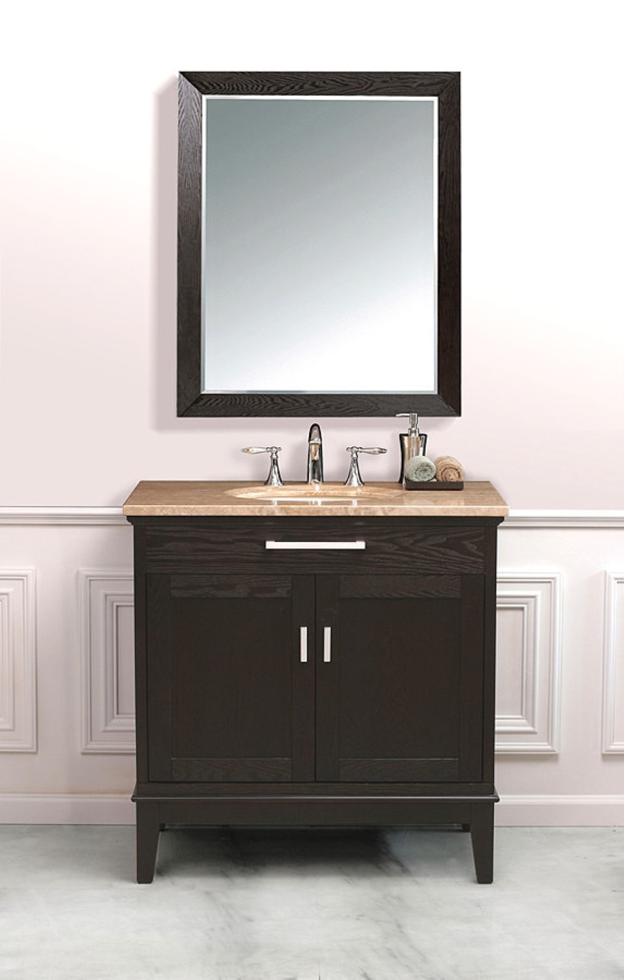 Wainscoting Design Wall Gorgeous Wainscoting Design Feat Blurred Wall Mirror Idea And Compact Black Bathroom Sink Cabinets Bathroom  Taking A Lot Of Benefit From Inspiring Sink Cabinet In Bathroom 