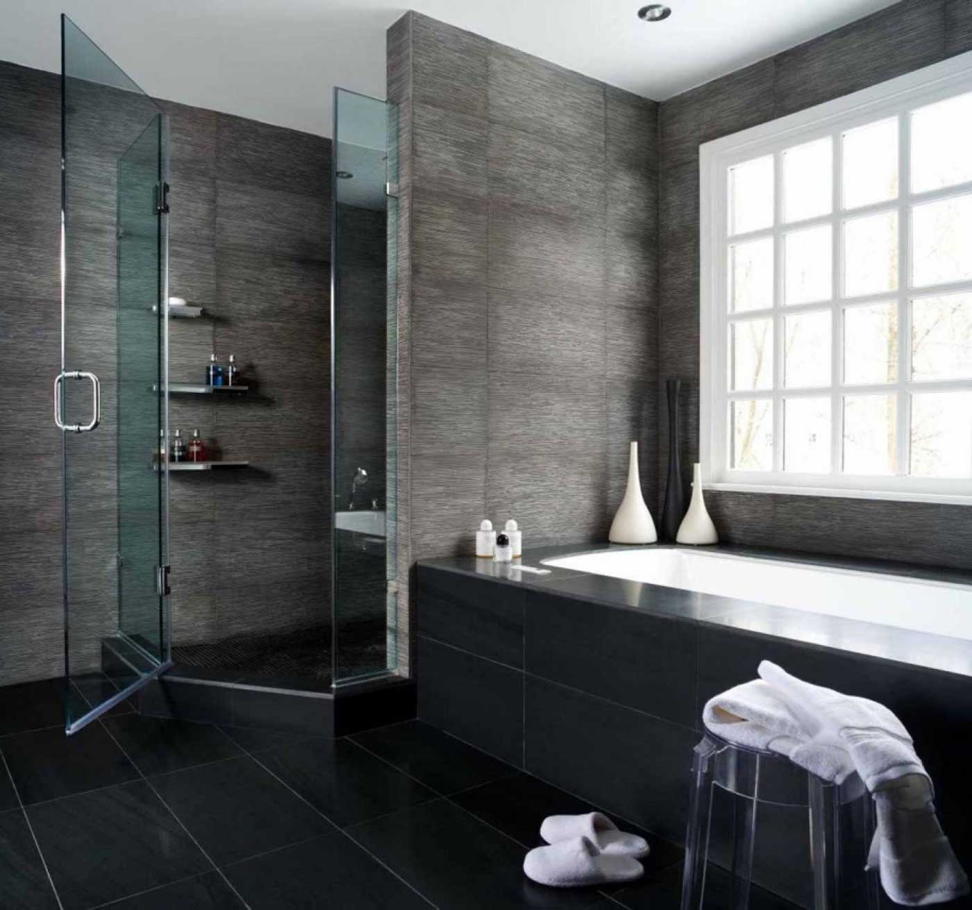 And Black Bathrooms Gray And Black Color Schemed Bathrooms Decorating Ideas For Home Office With Modern Black Ceramic Floor Design And White Ellipse Bathtub Design Also Glass Shower Doors For Small Bathrooms Idea Bathroom The Most Comfortable Bathroom Decorating Ideas