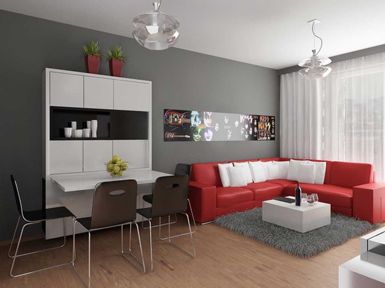 Living Room Chrome Gray Living Room Design With Chrome Ceiling Light Over White Study Desk And Corner Leather Red Sofa Modern Design In Grey Living Room Decor Views Dashing Red Sofa Design In Living Room Living Room Gray Living Room For Minimalist Concept
