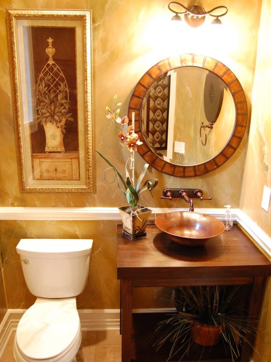 Guest Bathroom With Great Guest Bathroom Decor Idea With Brass Washbowl And Potted Flower Plants Plus Round Wall Mirror Interior Design  Fantastic Guest Bathroom In Guest Bathroom Ideas 