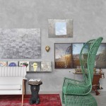 Chair With Stylish Green Chair With High Back Stylish Decorative Living Room Design With Concrete Wall Picture Frame Painting Art And Mounted Bookshelf Furniture Interior Ideas Apartment Stunning Concrete Home With Hip And Stylish Decorative Accessories