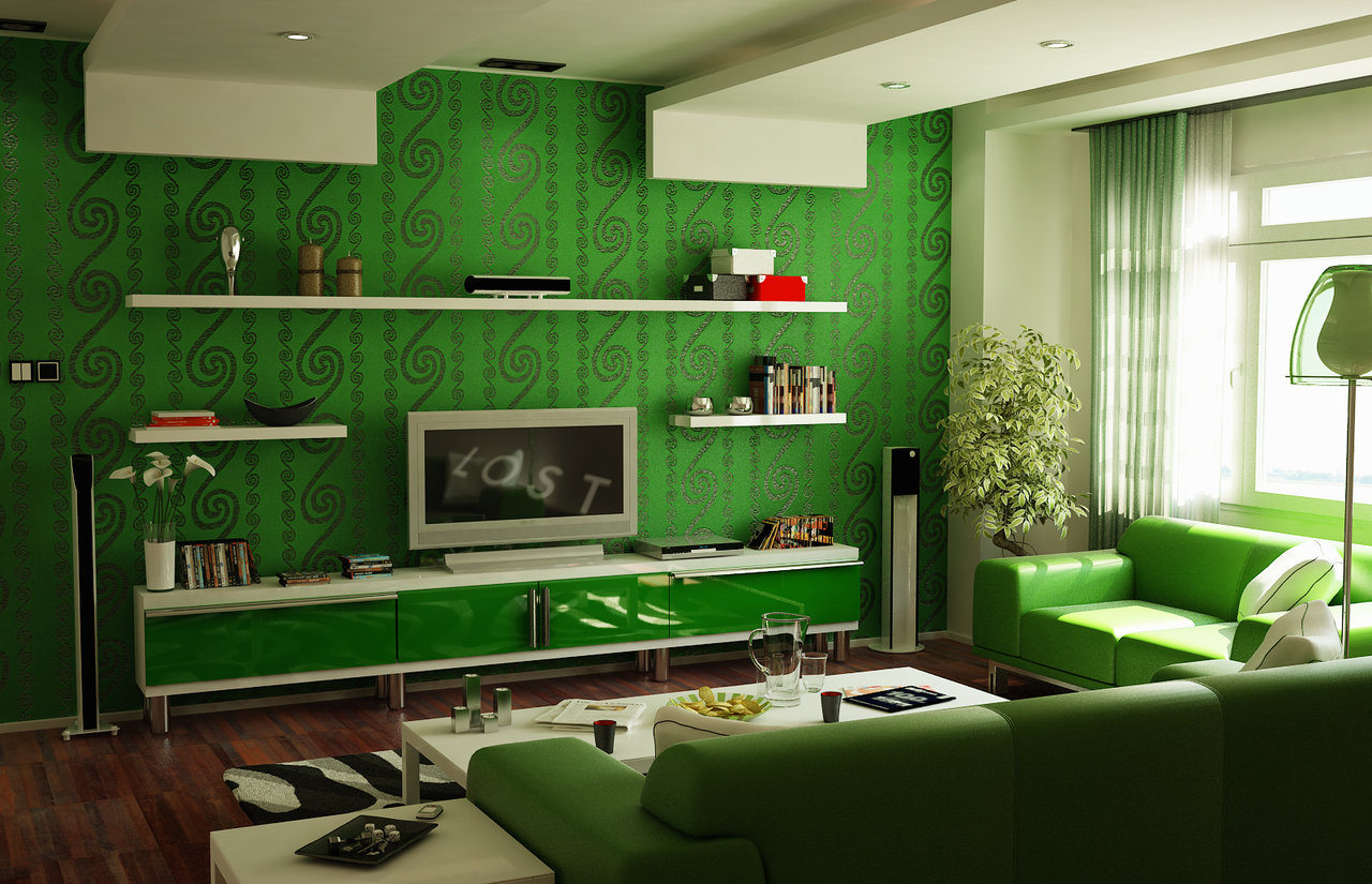Living Room Using Green Living Room Interior Design Using Modern Style Decorated With Minimalist TV Cabinet And Wall Shelving Ideas Living Room Green Living Room That Bringing Nature Right Into Your Home