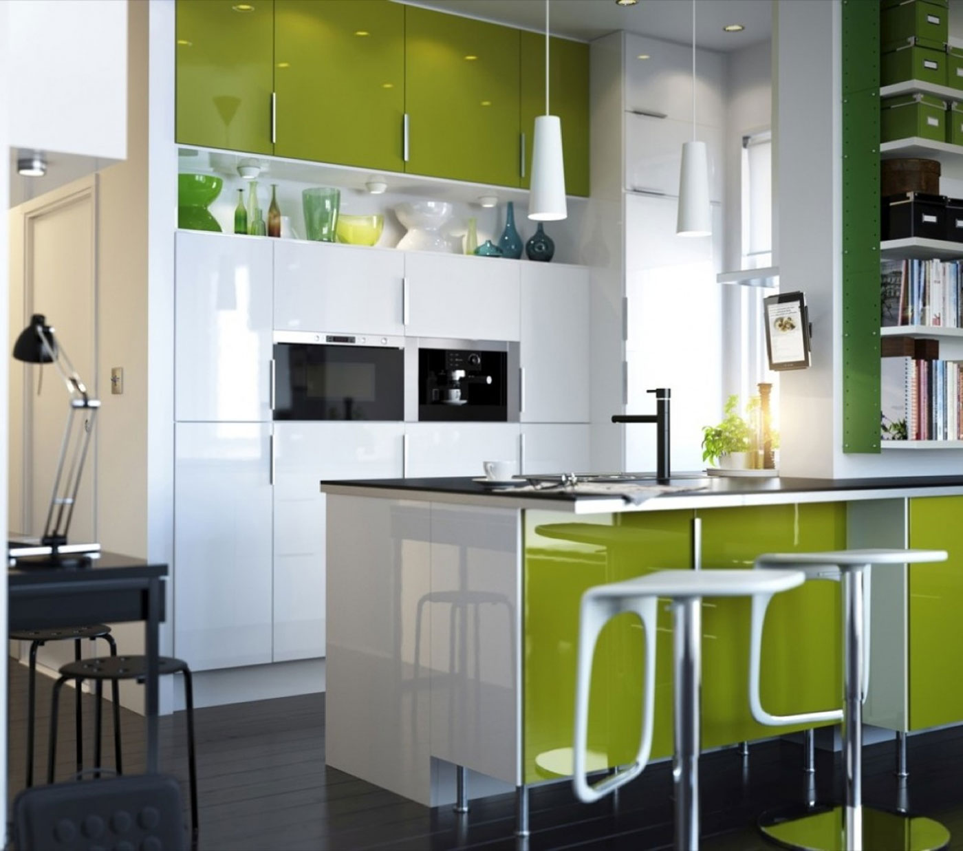 Small Kitchen Eating Green Small Kitchen Design With Eating Area Ideas Also Modern Kitchen Sinks Stainless Steel Double Bowl Together With Gorgeous White Pendant Lamps IKEA Small Kitchen Design Kitchen The Balance Between The Small Kitchen Design And Decoration