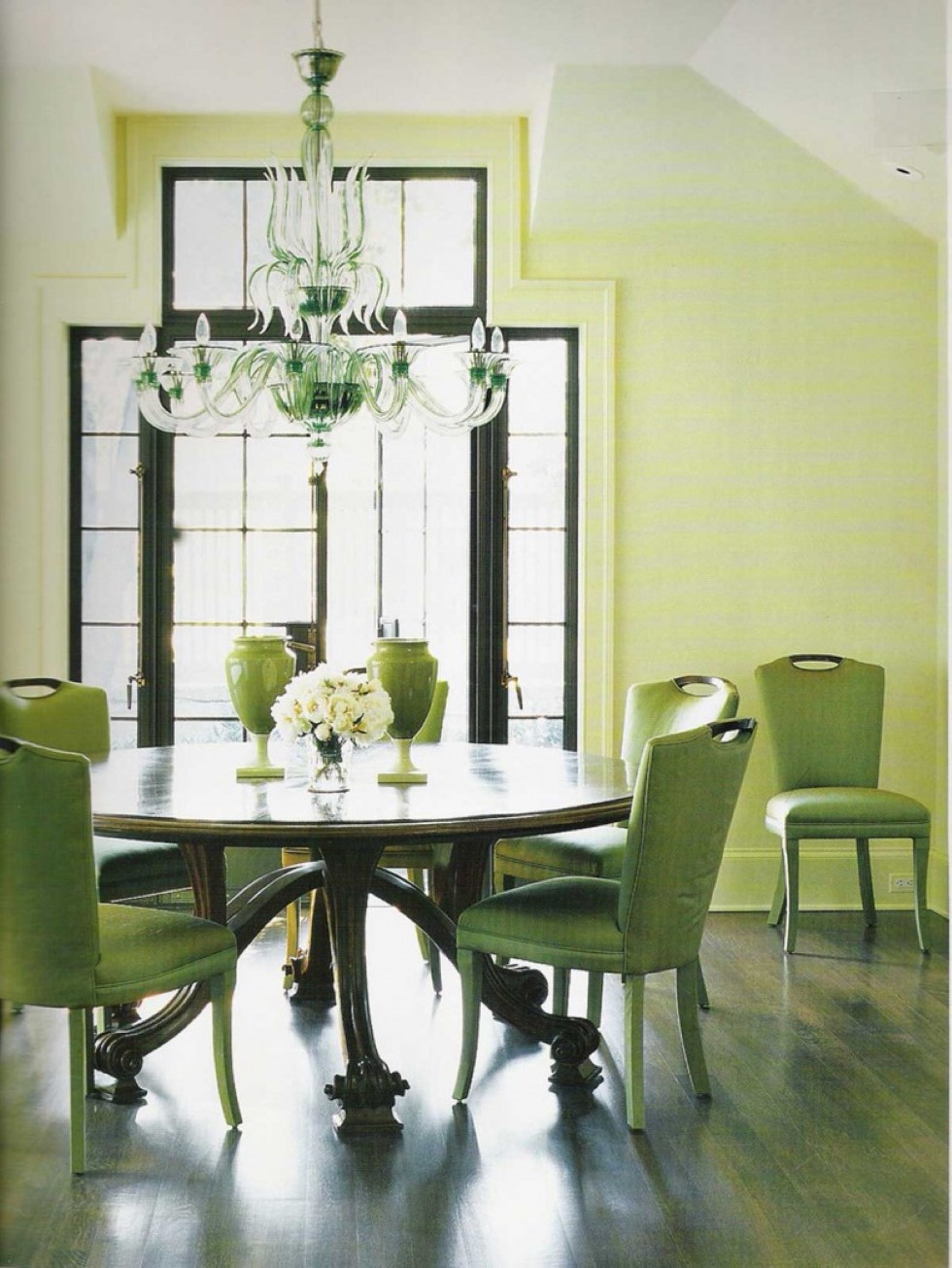 Upholstered Chairs Unusual Green Upholstered Chairs Design Also Unusual Chandelier Feat Chic Dining Room Paint Color Idea Plus Big Round Table Dining Room Marvelous Dining Room With Chic Paint Color Schemes