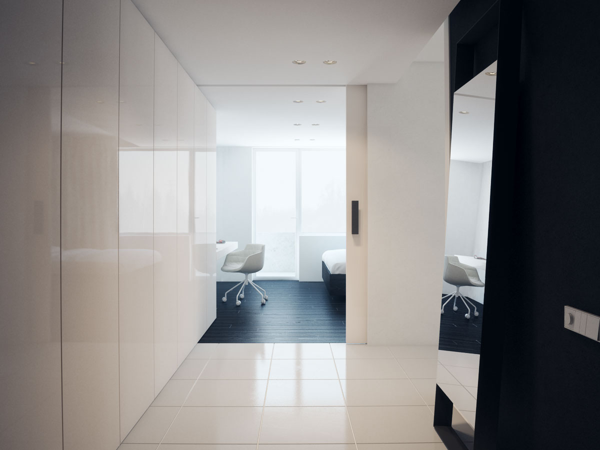 Master Bedroom Design Hallway Master Bedroom Modern Apartment Design With Black And White Interior Color Decorating Ideas Marble Floor Tiles And White Accent Chair With Wheels Apartment Practical And Functional Apartment With Minimalist Interior Style