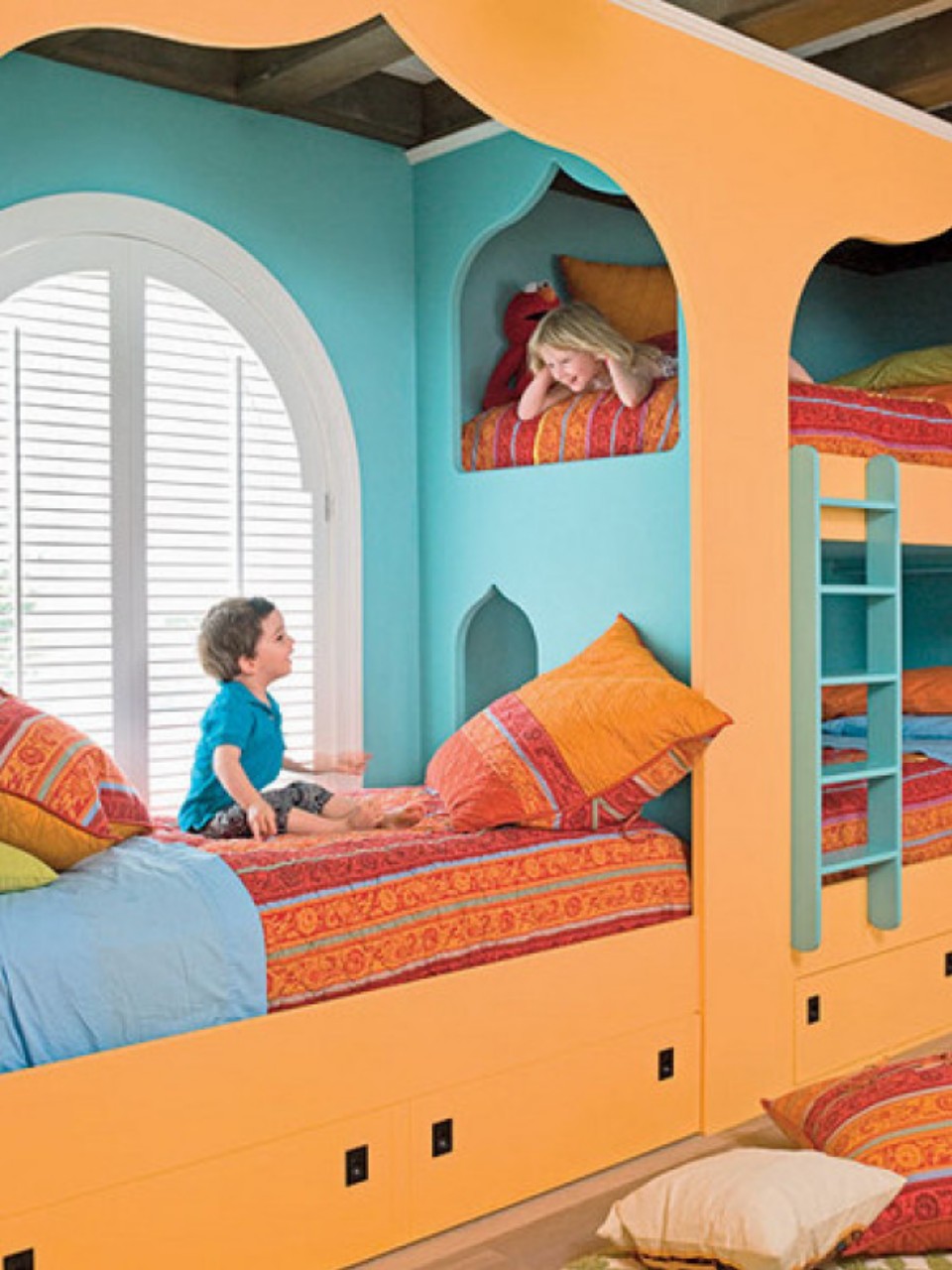 Kids Room Ideas Handsome Kids Room Furniture Design Ideas With Cute Orange Blue Bunk Bed For 3 Persons And Interesting White Curved Frame Window Also Sweet Bedding Set Design And Storage Under The Bed Idea Furniture Composing The Special Type Of Kids Room Furniture