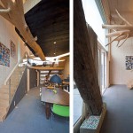 Tree Trunks Modern Hanging Tree Trunks As Decoration Modern Rustic Dining Room Design Under Staircase With Glass Railings Ideas Architecture Sustainable Contemporary Home With Strongly Rustic Elements