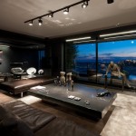Mysterious Living Design Horror Mysterious Living Room Apartment Design With Black Leather Sofa Bed Metal Glass Table And Sculpture Lighting Ideas Apartment Spacious Two-Bedroom Apartment With Dramatic Interior Design