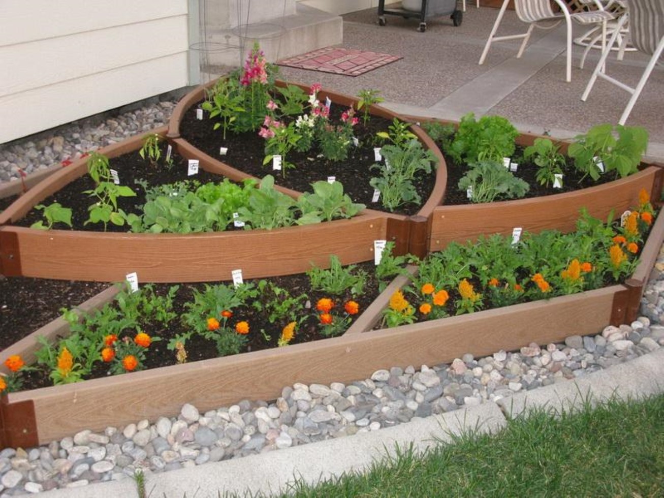 Of Awesome Garden Image Of Awesome Small Vegetable Garden Idea With Unique Shaped Seedbed Using Wood Material Plus Cute Pebbles Decoration Garden Simple Vegetable Garden Ideas For Your Living