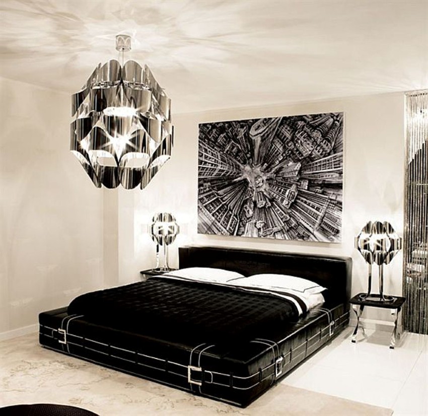 Chandelier And Headboard Incredible Chandelier And Large Artwork Headboard Design Feat Modern Low Profile Bed On Black And White Bedroom Idea Bedroom  Combination Of Gothic And Minimalist Black White Bedroom Decoration 