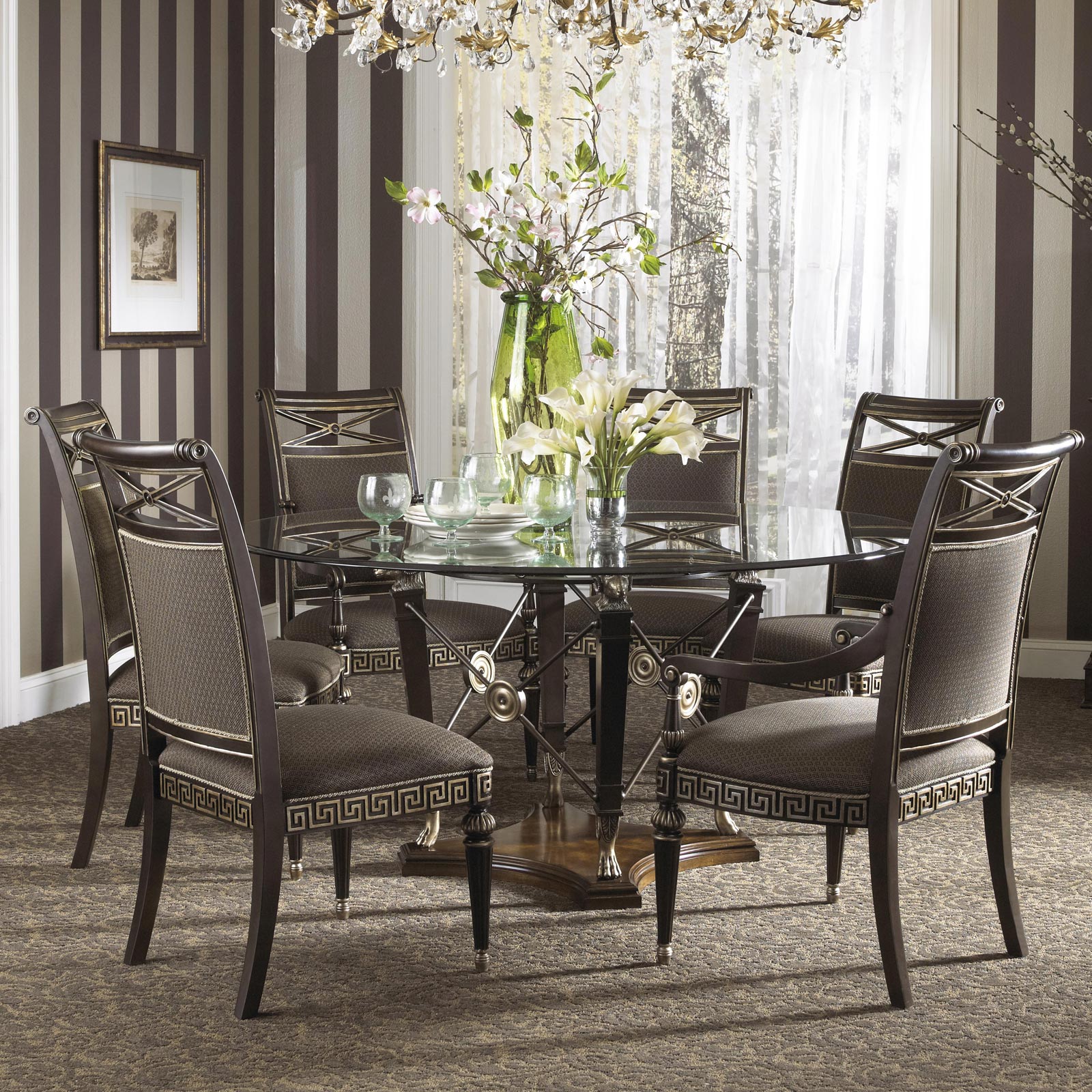 Contemporary Dining Formal Inspiring Contemporary Dining Room With Formal Dining Room Sets Furnished By Glass Round Table Completed With Chairs And Decorated With Green Vase Flowers Dining Room Formal Dining Room Sets For Contemporary Interiors