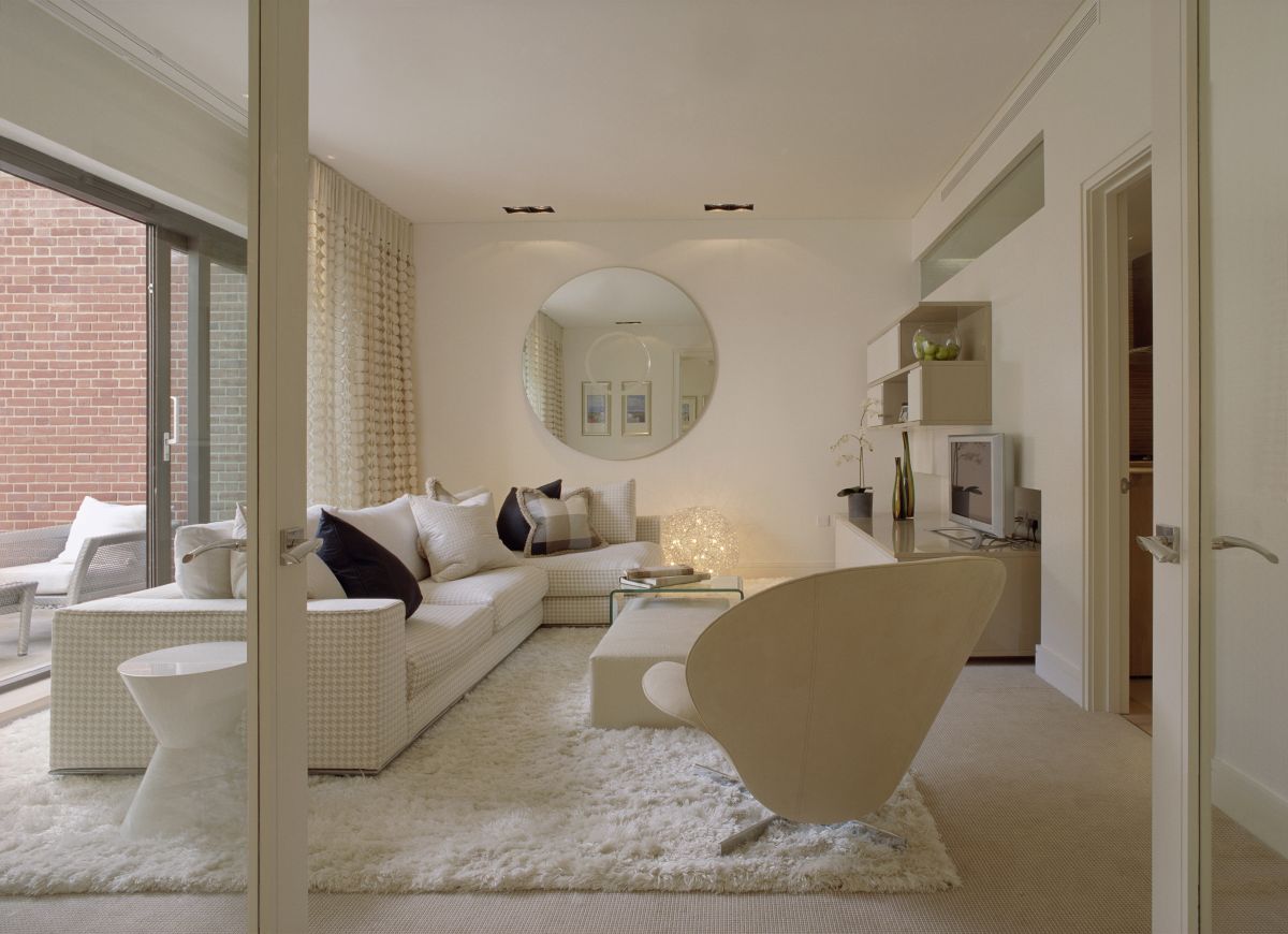 Contemporary Living White Inspiring Contemporary Living Room With White Soft Rug And Sectional Sofa Furnished With Table And Chairs And Completed With Wall Circle Mirror Living Room Decor Living Room Beautifying Living Room Decor Through The Right Room Spots