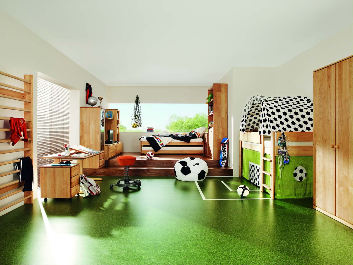 Green Flooring Kids Inspiring Green Flooring Color Of Kids Chat Rooms With Bunk Bed Completed With Rack And Desk Also Furnished With Cupboard And Office Chair Kids Room Design And Furniture Of Kids Chat Rooms